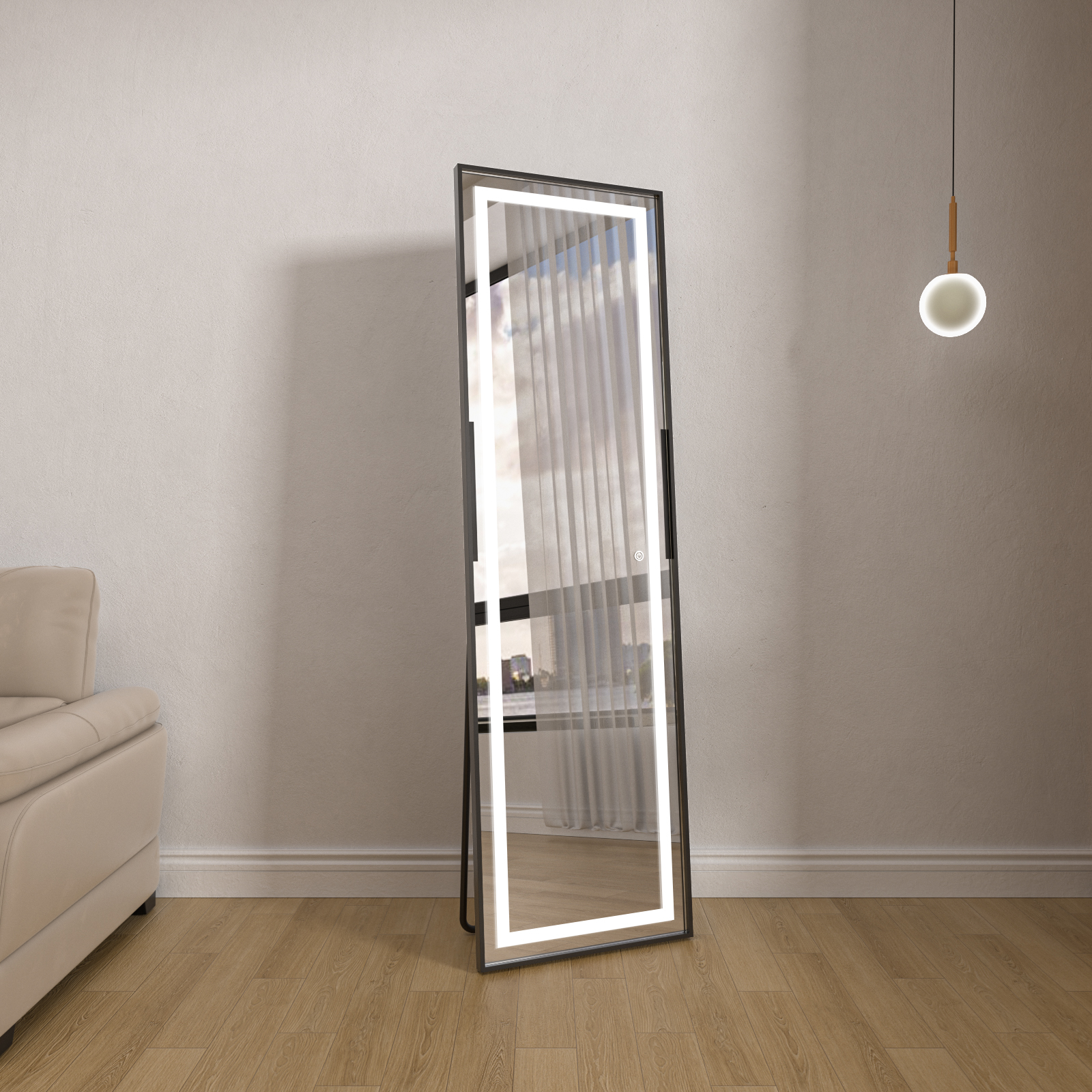 Stående LED-spegel Teramo med svart ram Stående LED-spegel Teramo med svart ram