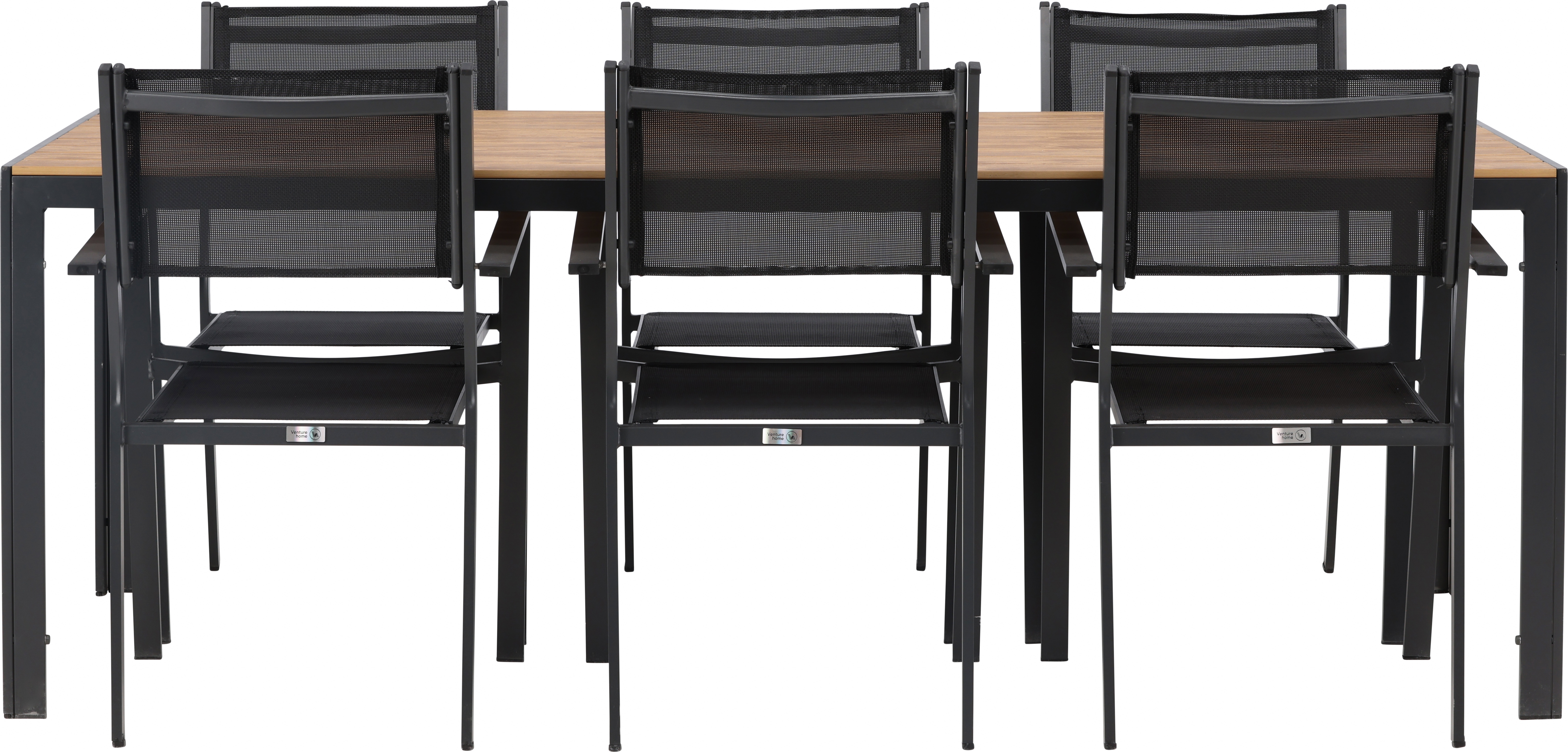 Chania matgrupp; 6 st Copacabana stolar med matbord 205 x 90 cm - Svart/natur
