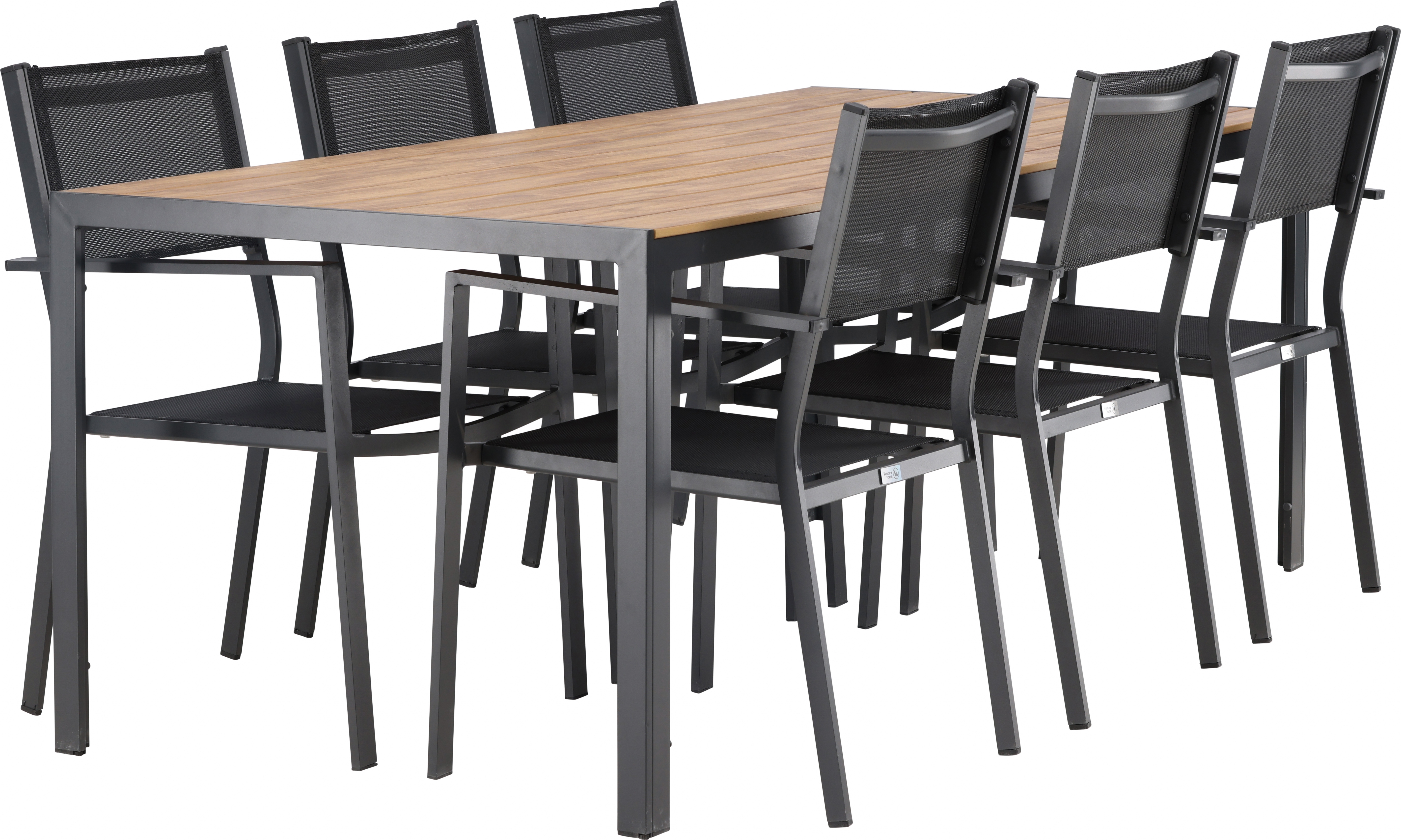 Chania matgrupp; 6 st Copacabana stolar med matbord 205 x 90 cm - Svart/natur