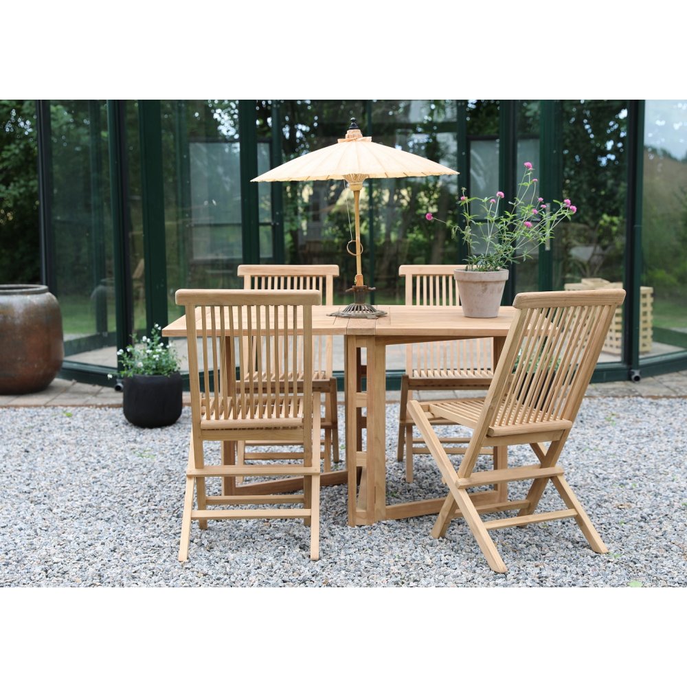 Salt utomhusmatgrupp med klaffbord och 4 Salt matstolar  Teak