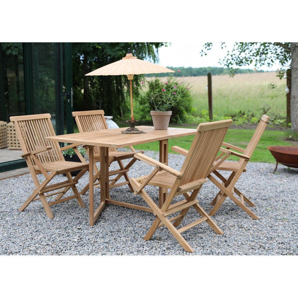 Saltö utomhusmatgrupp med klaffbord och 4 karmstolar – Teak Saltö utomhusmatgrupp med klaffbord och 4 karmstolar – Teak