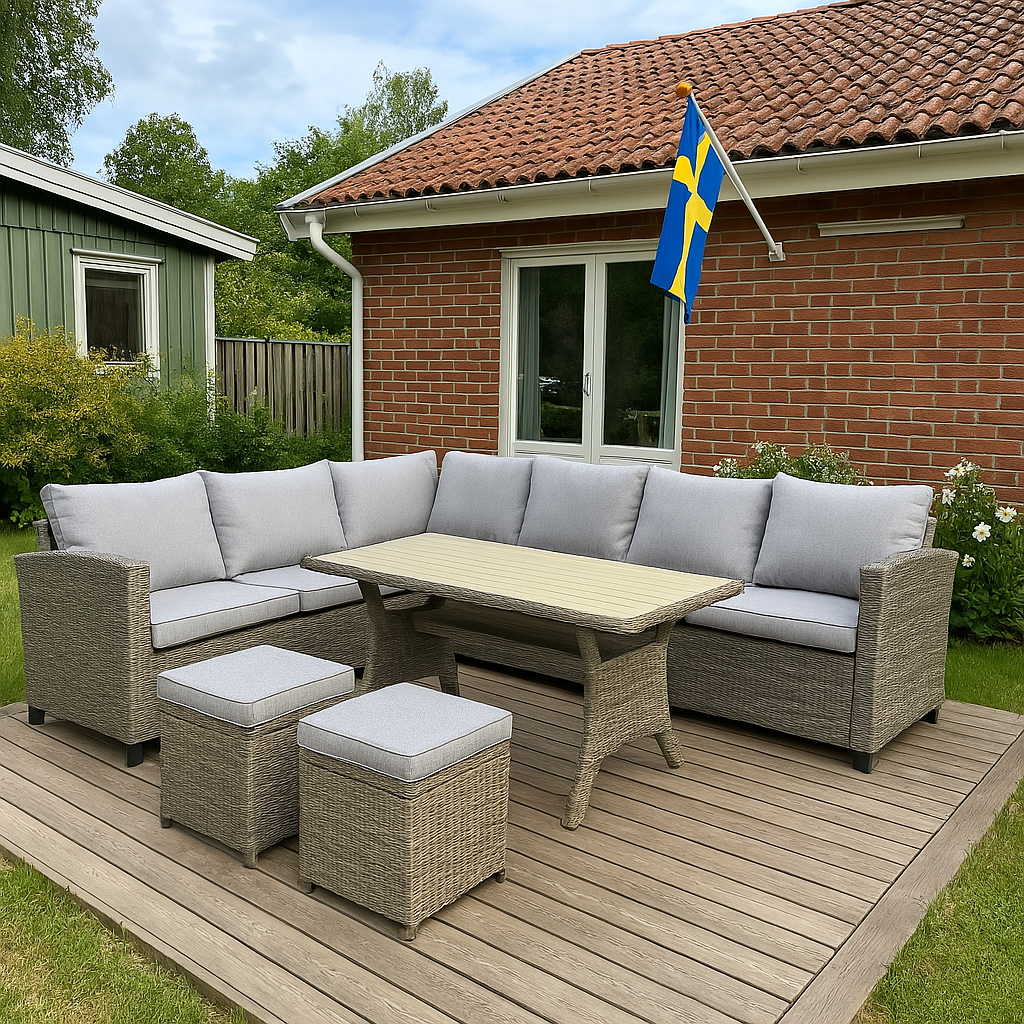 Tor utegrupp med bord i rotting och två stycken pallar - Natur Tor utegrupp med bord i rotting och två stycken pallar - Natur