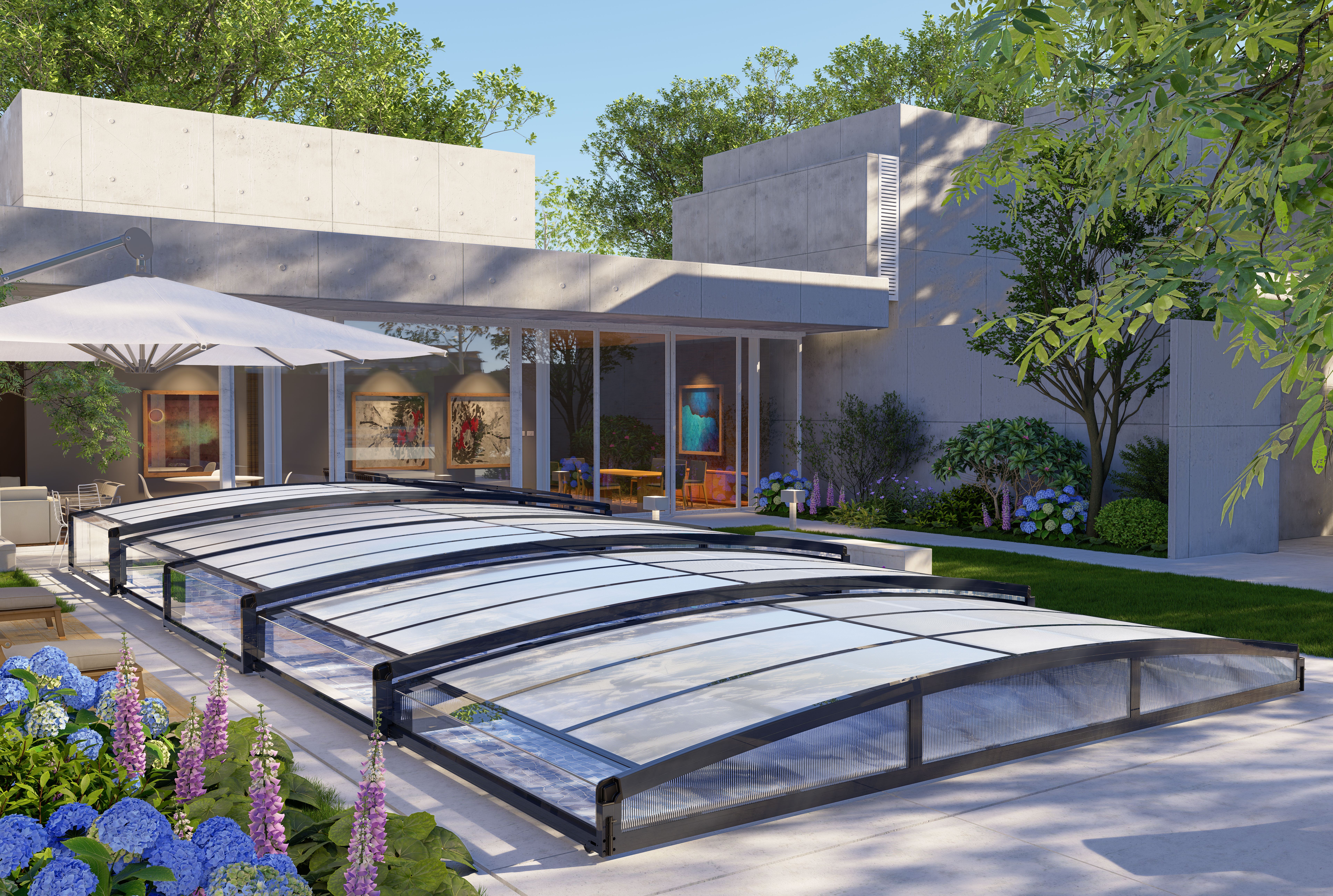 Pooldach aus schwarzem Polycarbonat, 1099 x 526 x 105 cm