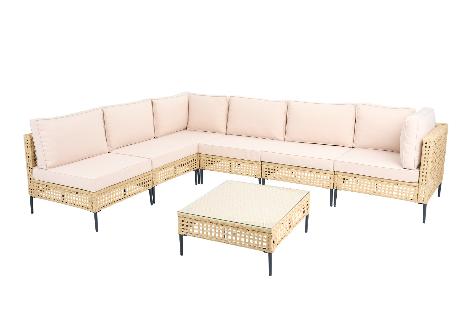 Stor utomhus h�rnsoffa med bord | Loungeset i konstrotting | Creme