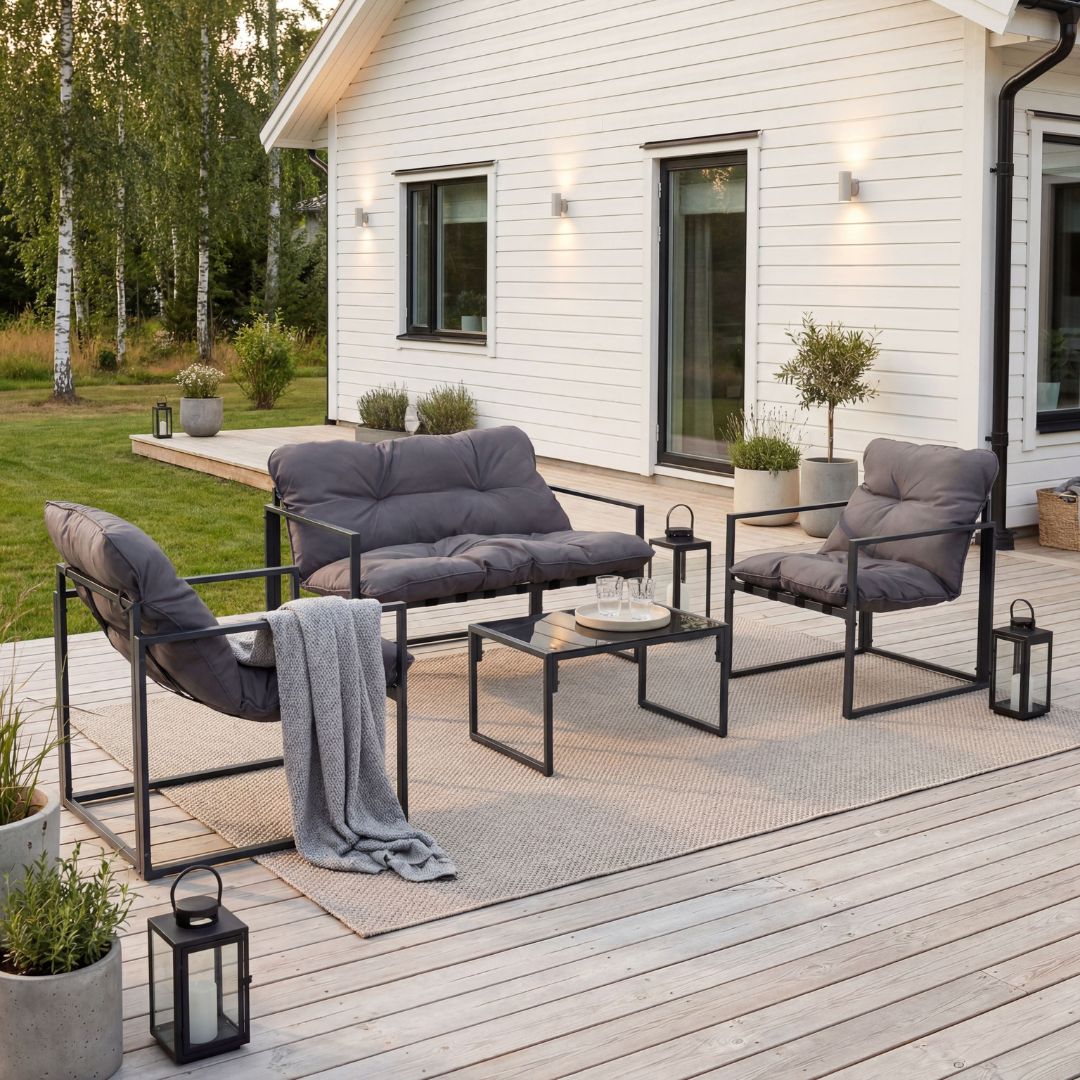 Udend�rsgruppe; bord, l�nestole og sofa - Sort/gr�