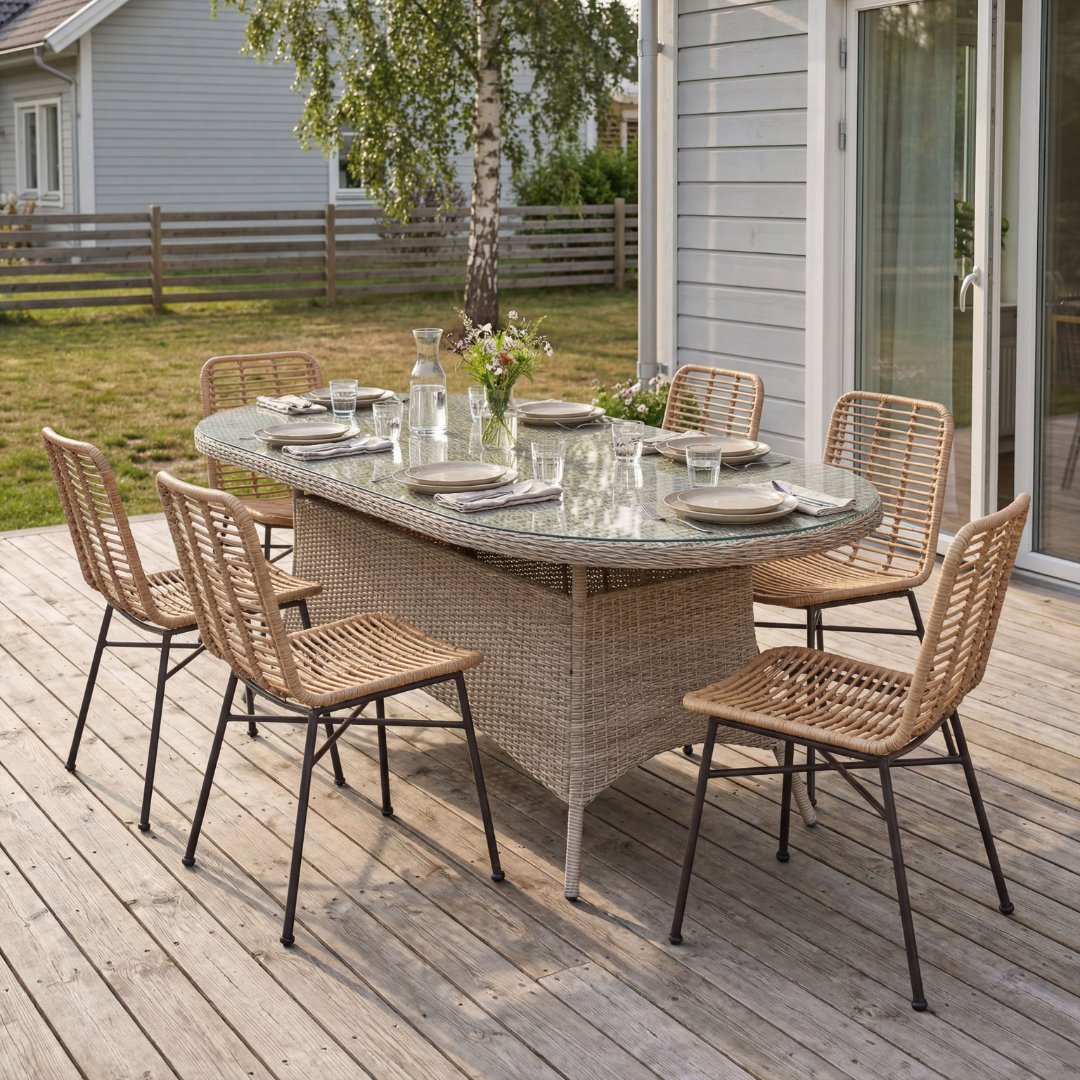 Ovalt havebord Menton 230x100 cm syntetisk rotting glas udend�rs + Reng�ringsspray til havem�bler