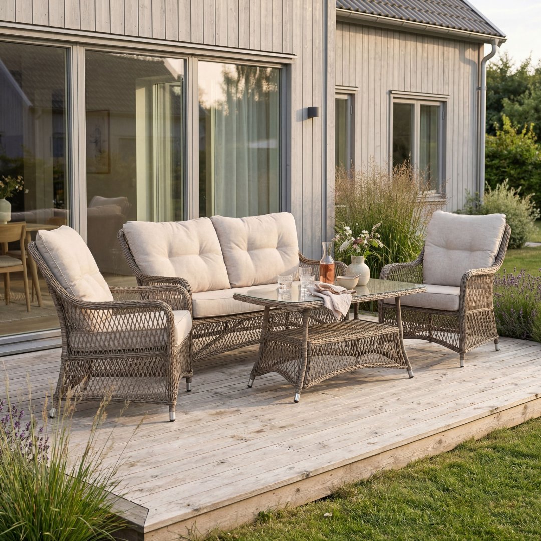 Udendørs loungesæt, 4 dele, syntetisk rattan, sofa, lænestole, bord Udendørs loungesæt, 4 dele, syntetisk rattan, sofa, lænestole, bord