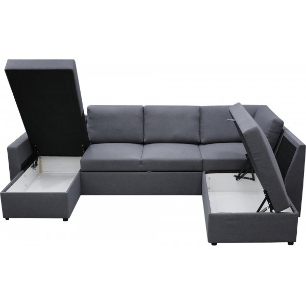 U-soffa b�ddsoffa Dream med f�rvaring - 299 cm - m�rkgr�