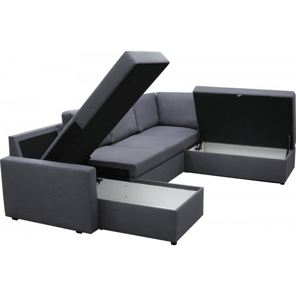 U-soffa b�ddsoffa Dream med f�rvaring - 299 cm - m�rkgr�