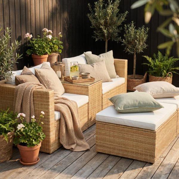 Lounge-Gruppe aus Kunstrattan | Sofa mit Tisch und 2 Hockern f�r die Terrasse | Beige + M�belpflege