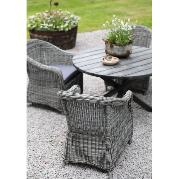 Mercury-Essgruppe: Runder Scottsdale-Tisch in Shabby-Chic-Grau inklusive 4 Mercury Light-Sesseln aus grauem synthetischem Rattan + Textilimprägnierung für Outdoormöbel Mercury-Essgruppe: Runder Scottsdale-Tisch in Shabby-Chic-Grau inklusive 4 Mercury Light-Sesseln aus grauem synthetischem Rattan + Textilimprägnierung für Outdoormöbel