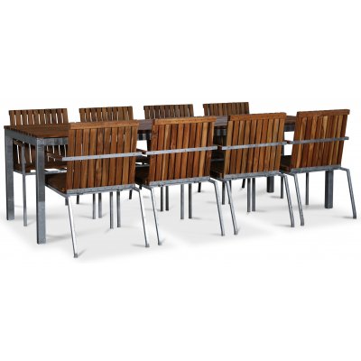 Alva spisegruppe 250x90 cm inkl. 8 stole - Teak / Galvaniseret stl