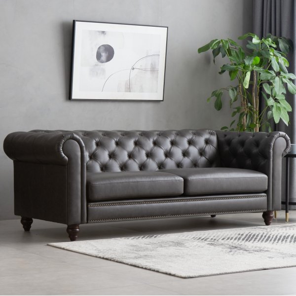Soffa chesterfield 3-sits 219 cm - mörkbrun PU Soffa chesterfield 3-sits 219 cm - mörkbrun PU