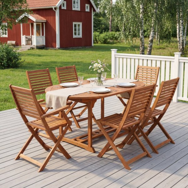 F�llbar matgrupp i akacia � Utdragbart bord + 6 stolar - FSC-certifierad - Natur