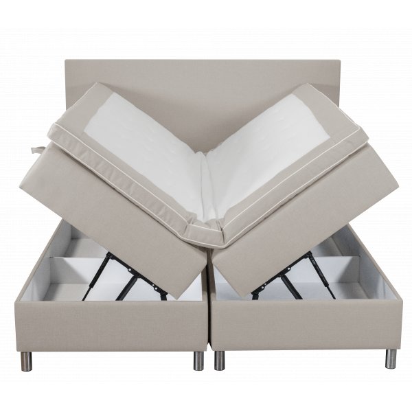 S�ng med f�rvaring beige boxbed 180x200 cm