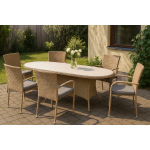 Utematgrupp – Menton & Majken | Naturfärgad konstrotting | 6 stycken stapelbara stolar Utematgrupp – Menton & Majken | Naturfärgad konstrotting | 6 stycken stapelbara stolar