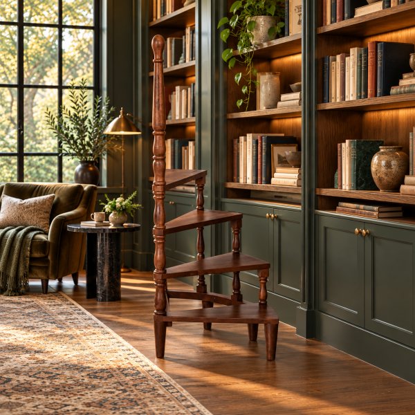 Biblioteksstege tr� - Felix engelsk pall i mahogny h�jd 111 & bredd 40 cm