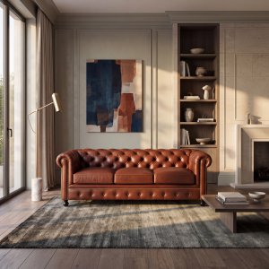 Brun Chesterfield 3-sits Soffa �kta Skinn - Old England 220x90x77 cm