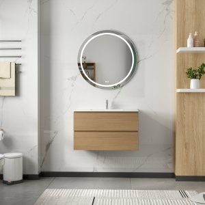 Badrumsm&ouml;bler 80 cm Ljust tr&auml; LED-spegel - Milan + Toalettpappersh&aring;llare