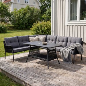Ecksofa schwarz mit grauen Kissen - Berlin + M�belpflege