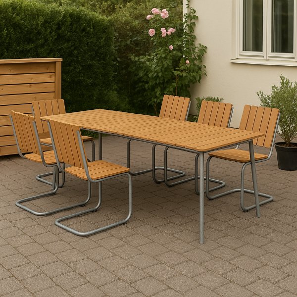 Utematgrupp Mllan bord 176x90 cm med 6 stolar - Teak / Galvaniserat stl
