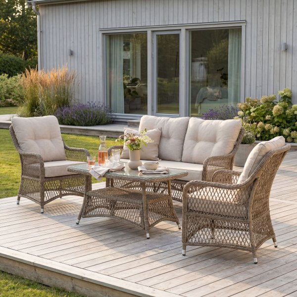 Ulkokalustesetti, 4 osaa, keinonahkaista rottinkia, sohva, nojatuolit, p�yt� + Tekstiilien kyll�st�minen ulkokalusteisiin