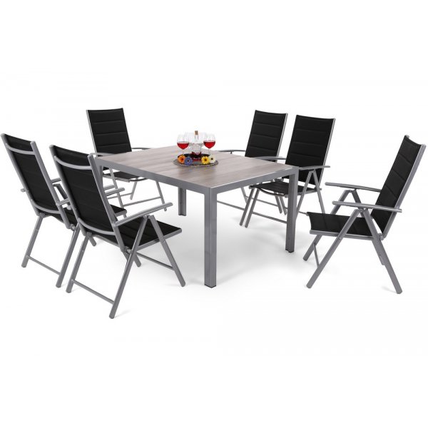 Matgrupp Capri 145 cm - silver/svart, inkl. 6 positionsstolar