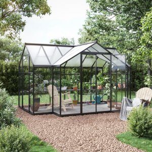 växthus hyperion 10,2 m² svart glas & plast - gardeney + växthusbord