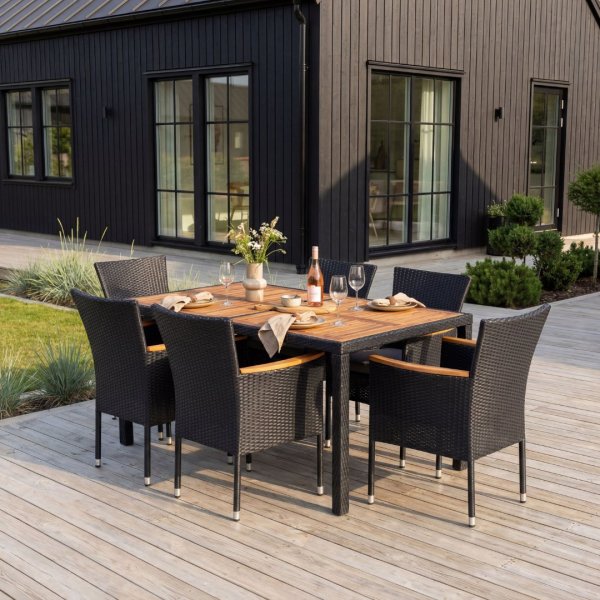 Matgrupp utomhus 6 stolar konstrotting akacia Sk�nska M�belhuset