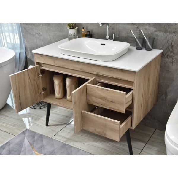 Kylpyhuonekalusteet Melina - Vaaleaa puujäljitelmää + 2.00 x Kylpyhuoneen koukku Kylpyhuonekalusteet Melina - Vaaleaa puujäljitelmää + 2.00 x Kylpyhuoneen koukku