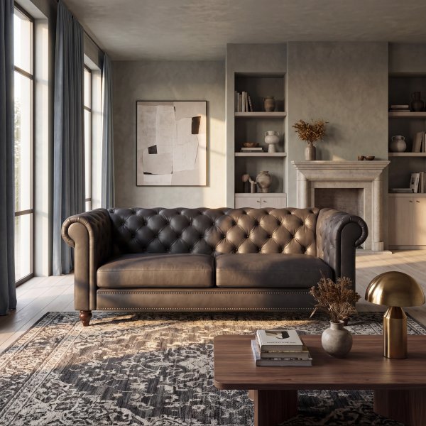 3-sits Soffa 219x88x78 cm, Sitthöjd 46 cm, Mörkbrun PU - Royal Chesterfield 3-sits Soffa 219x88x78 cm, Sitthöjd 46 cm, Mörkbrun PU - Royal Chesterfield