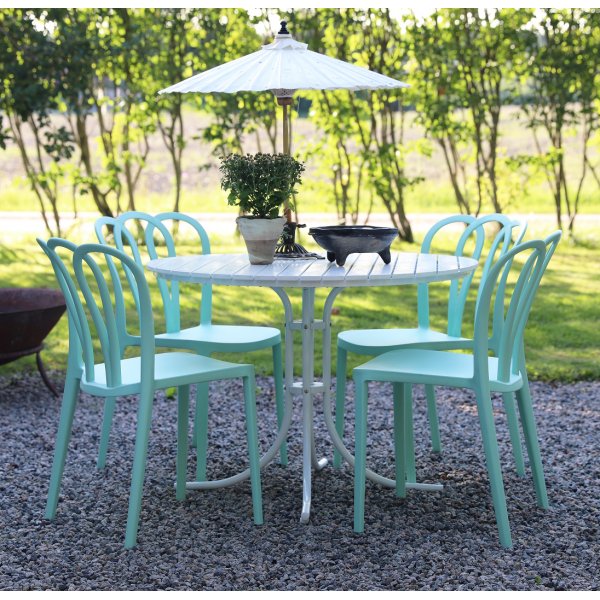 Essgruppe Holmsund: Runder weier Tisch mit 4 stapelbaren Bally-Sthlen