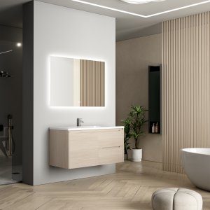 Badrumsm&ouml;bler 100 cm Ljus tr&auml;imitation LED-spegel - Vega + Toalettpappersh&aring;llare