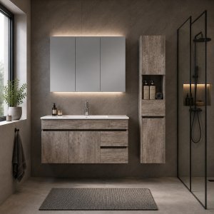 Badrumspaket 100 cm Spegelskåp med belysning Betongimitation - Barcelona + 2.00 x Badrumskrok Badrumspaket 100 cm Spegelskåp med belysning Betongimitation - Barcelona + 2.00 x Badrumskrok