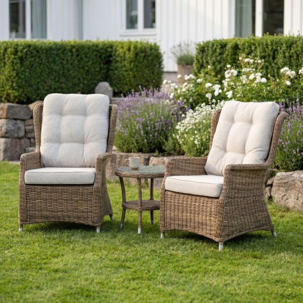 Sandö fåtöljset med bord - Naturfärgad konstrotting + Rengöringsspray för utemöbler Sandö fåtöljset med bord - Naturfärgad konstrotting + Rengöringsspray för utemöbler