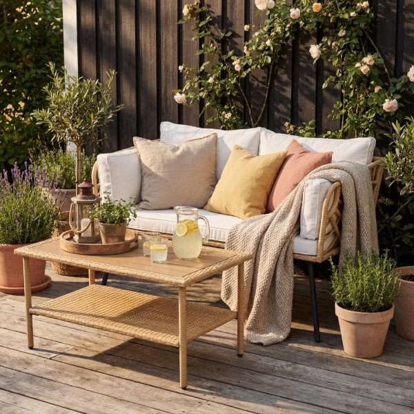 Balkon-Set: 2-Sitzer-Sofa mit Tisch + Kompakte Lounge-Garnitur f�r den Balkon + Beige + Fleckentferner f�r M�bel