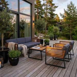Loungegrupp utomhus akacia-aluminium med dynor & soffbord