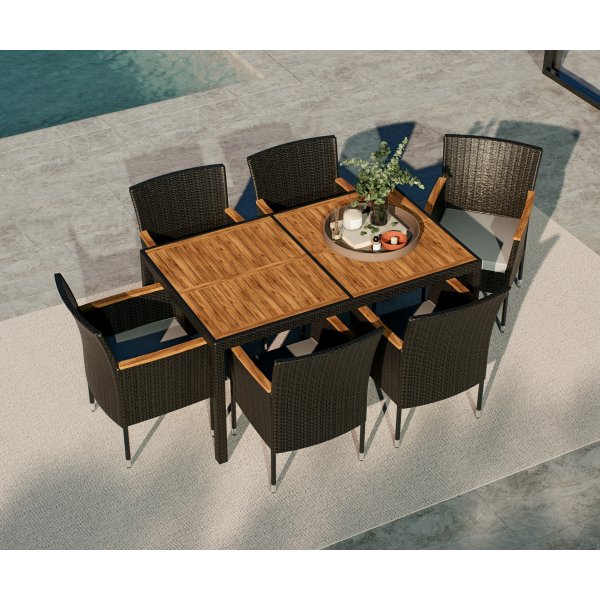 Gartengruppe - Texas | Schwarzes Kunstrattan mit Holzdetails + Reinigungsspray für Gartenmöbel Gartengruppe - Texas | Schwarzes Kunstrattan mit Holzdetails + Reinigungsspray für Gartenmöbel
