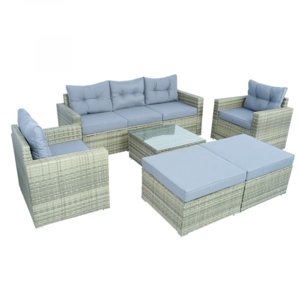 Stor loungegruppe 7 dele | Sofa, l�nestole, bord og skamler | Gr�