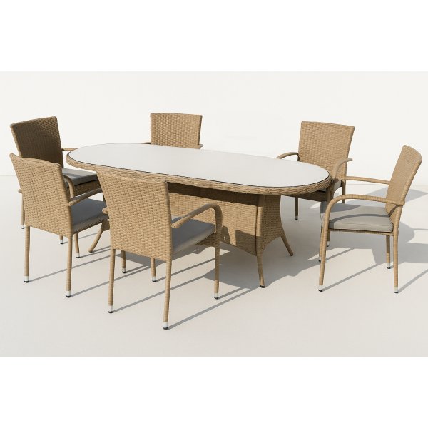 Utematgrupp – Menton & Majken | Naturfärgad konstrotting | 6 stycken stapelbara stolar Utematgrupp – Menton & Majken | Naturfärgad konstrotting | 6 stycken stapelbara stolar