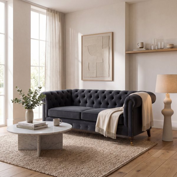 Chesterfield-Sofa Cambridge Deluxe, 2,5-Sitzer - Dunkelgrauer Samt Chesterfield-Sofa Cambridge Deluxe, 2,5-Sitzer - Dunkelgrauer Samt