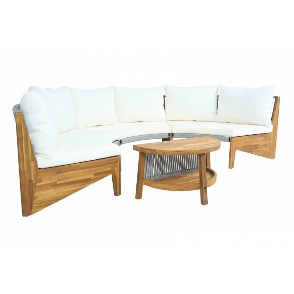 Rund loungesoffgrupp med bord | Tv� soffor i rope & acaciatr� | Creme