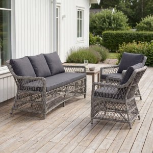 Loungegrupp utomhus konstrotting soffa & f�t�ljer med dynor