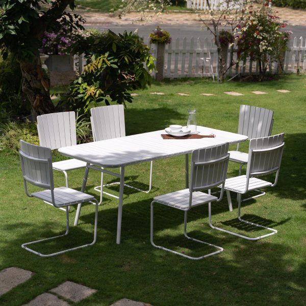 Holmsund Lebensmittelgruppe; Tisch 180x80 cm mit 6 Stühlen - weiß + Reinigungsspray für Gartenmöbel Holmsund Lebensmittelgruppe; Tisch 180x80 cm mit 6 Stühlen - weiß + Reinigungsspray für Gartenmöbel
