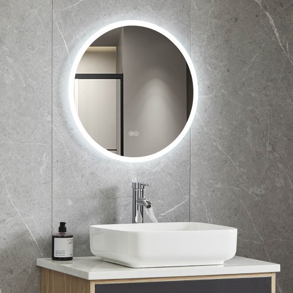 Rund badrumsspegel 60 cm med LED-belysning, dimmer, anti-fog och touch-styrning Rund badrumsspegel 60 cm med LED-belysning, dimmer, anti-fog och touch-styrning
