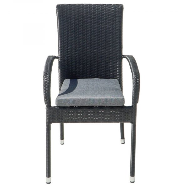 Svart stapelbar utestol i konstrotting med gr� sittdyna utomhus + Reng�ringsspray f�r utem�bler