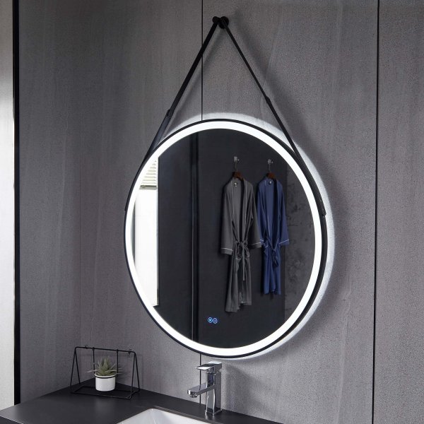 Rund spegel 80 cm med LED-belysning, anti-fog och hngrem