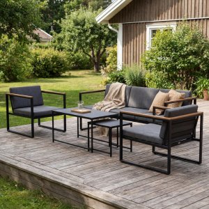 Lounge-Gruppe, schwarzes Gestell, graue Kissen mit Tisch - Dakar + Fleckentferner f�r M�bel