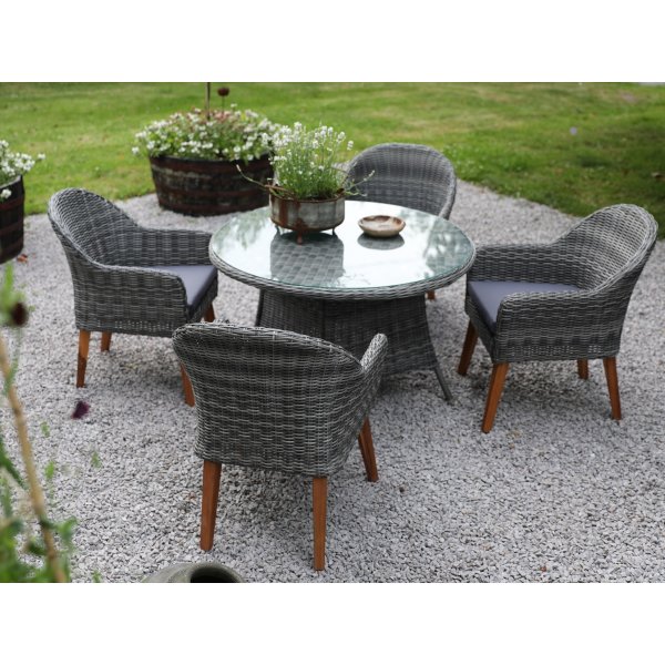 Jacksonville Speisegruppe im Freien; Runder Tisch 110 cm inkl. 4 Sessel Valetta Kunstrattan grau + Reinigungsspray für Gartenmöbel Jacksonville Speisegruppe im Freien; Runder Tisch 110 cm inkl. 4 Sessel Valetta Kunstrattan grau + Reinigungsspray für Gartenmöbel