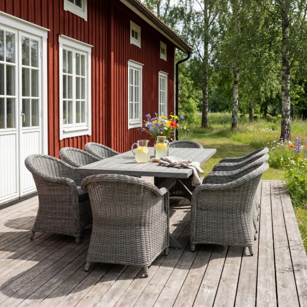 Udend�rs spisebordss�t med 6 l�nestole, kunstrottingbord, 220x100 cm